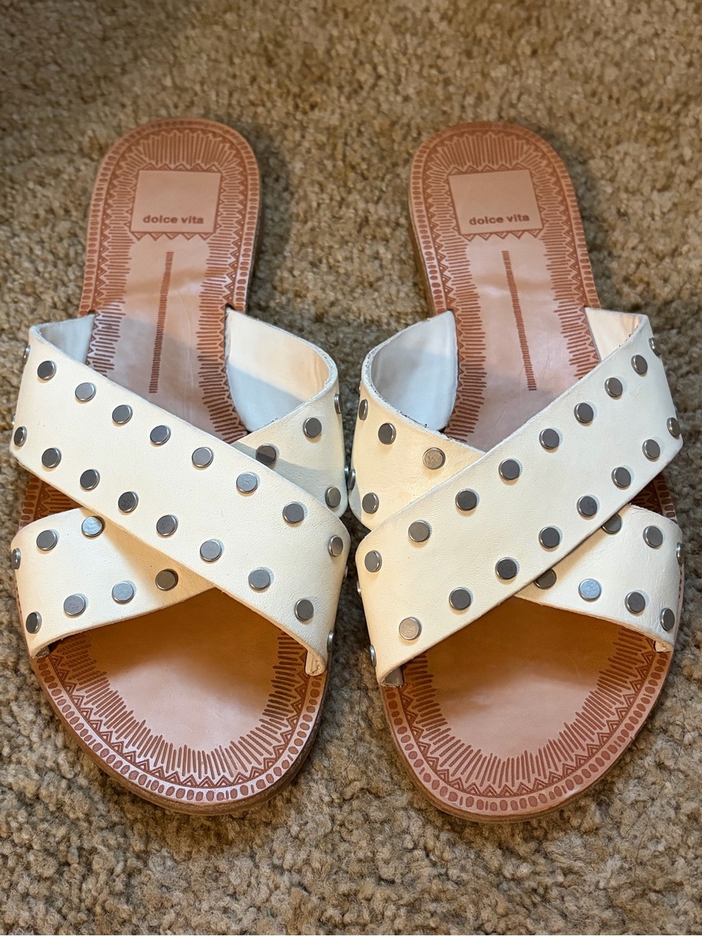 Dolce Vita Cream Crossband Slide Sandals with Silver Studs